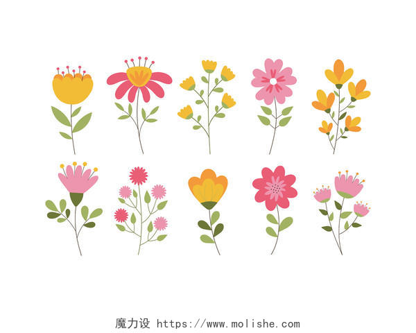 彩色卡通手绘花卉鲜花装饰矢量元素PNG素材